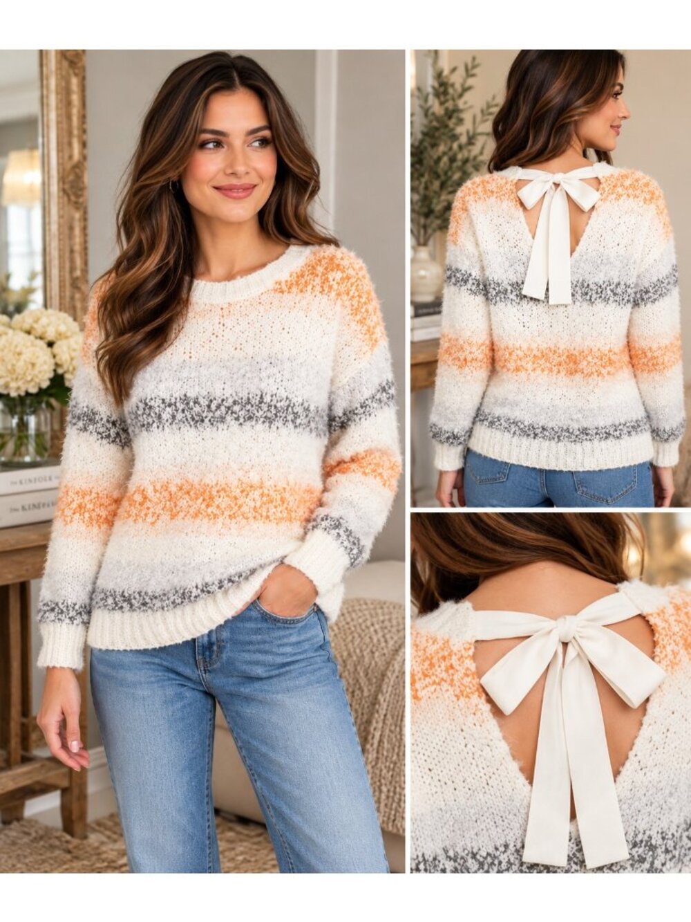 Meadow Rue Anthropologie L XL Fuzzy Striped Bow Back Sweater Cottagecore NWOT
